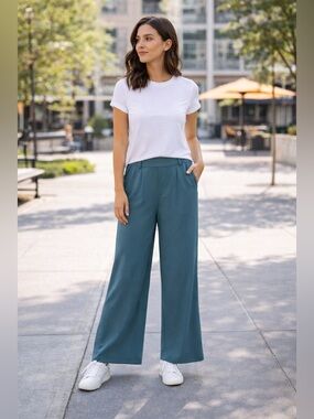 HALARA Wide Leg Business Casual or Athleisure Trousers in Teal Blue W/ Pockets!